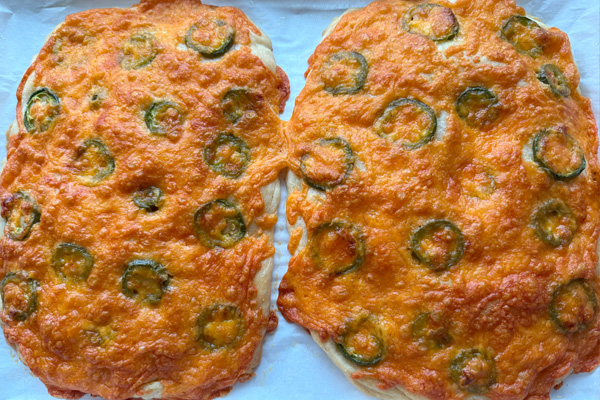 Jalapeno Cheese Bread: bake at 375 Fahrenheit for 25 minutes. Switch rack top and bottom racks at half time.