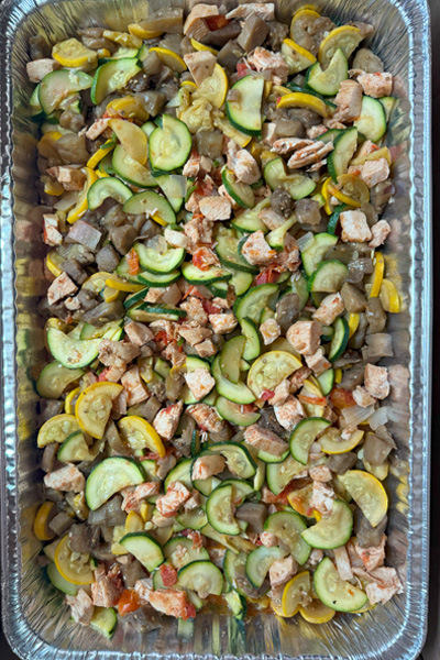 Chicken Ratatouille: Chicken breast meat, eggplant, yellow zucchini squash, tomato, onion.