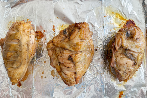 chicken split breast: broil high 6 minutes each side, then bake skin side up for 30 minutes.