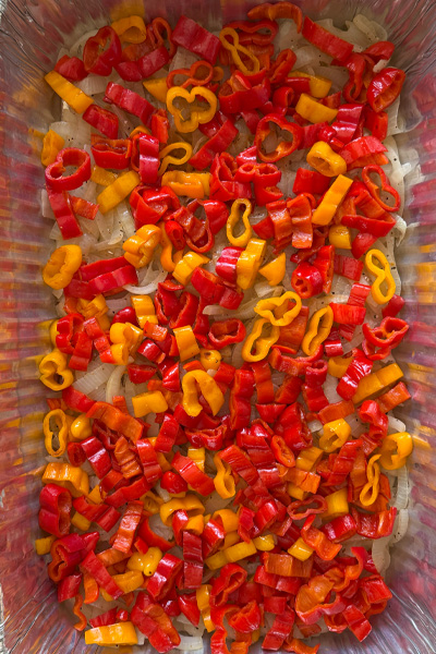 Glazed Meatball Assembling Step 2 middle layer of bell pepper stir-fried with steak seasoning.